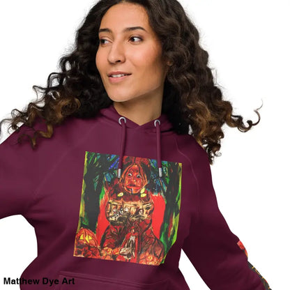 Burgundy Trick ’r Treat Eco Raglan Hoodie featuring Matthew Dye art and vibrant Halloween designs