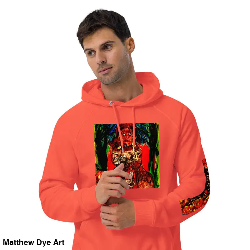 Coral hoodie featuring Matthew Dye art with colorful Halloween designs, Trick ’r Treat theme