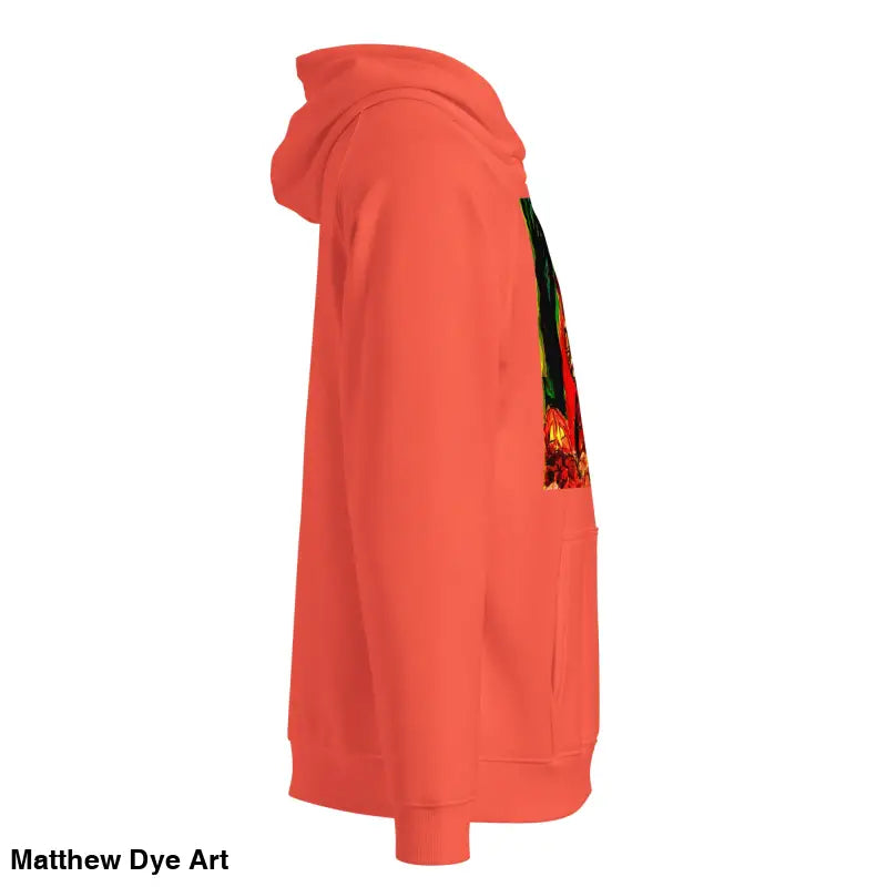 Coral-colored Trick ’r Treat Eco Raglan Hoodie featuring Matthew Dye art Halloween designs