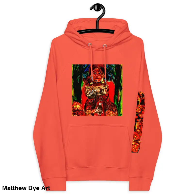 Coral hoodie with Trick ’r Treat graphic inspired by Matthew Dye art for Halloween designs