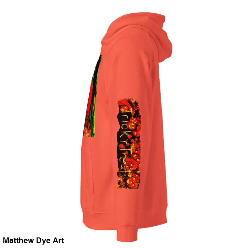 Coral-colored Trick r Treat Eco Raglan Hoodie featuring Matthew Dye art for Halloween designs