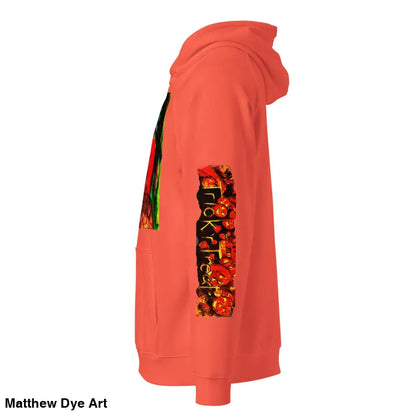 Coral-colored Trick r Treat Eco Raglan Hoodie featuring Matthew Dye art for Halloween designs