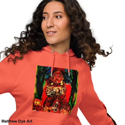 Coral hoodie featuring Matthew Dye art in a vibrant Halloween design for Trick ’r Treat