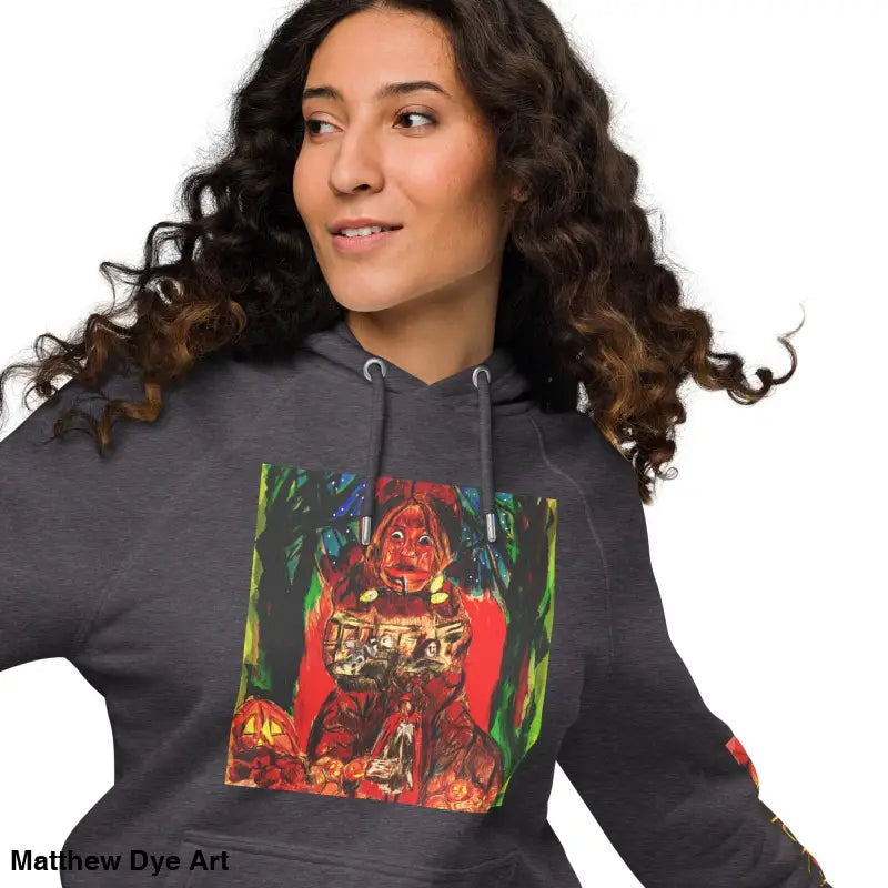 Gray hoodie featuring Matthew Dye art with colorful Halloween designs for Trick ’r Treat