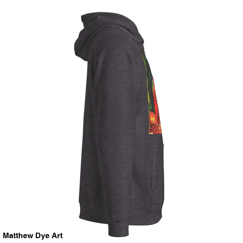 Gray hoodie with colorful Trick ’r Treat design by Matthew Dye Art for Halloween style