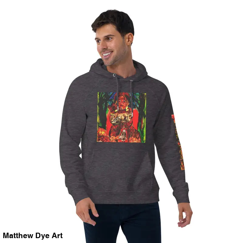 Gray Trick ’r Treat Eco Raglan Hoodie featuring Matthew Dye art and vibrant Halloween designs
