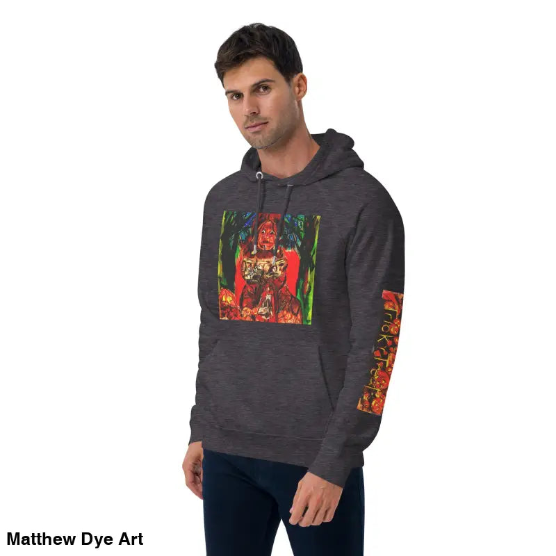 Gray hoodie featuring Matthew Dye art and colorful Halloween designs for Trick ’r Treat