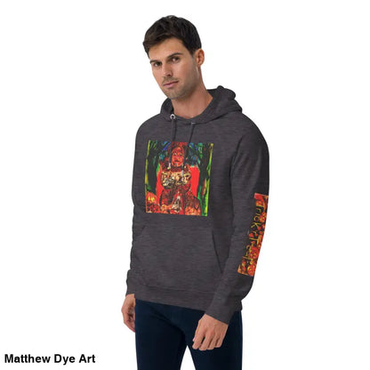 Gray hoodie featuring Matthew Dye art and colorful Halloween designs for Trick ’r Treat