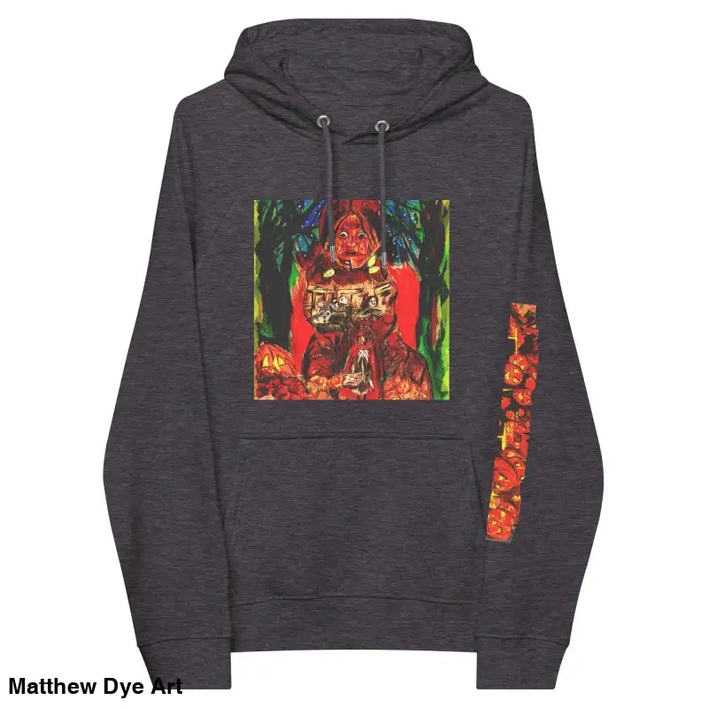 Gray hoodie featuring Matthew Dye art with colorful Halloween designs for Trick ’r Treat