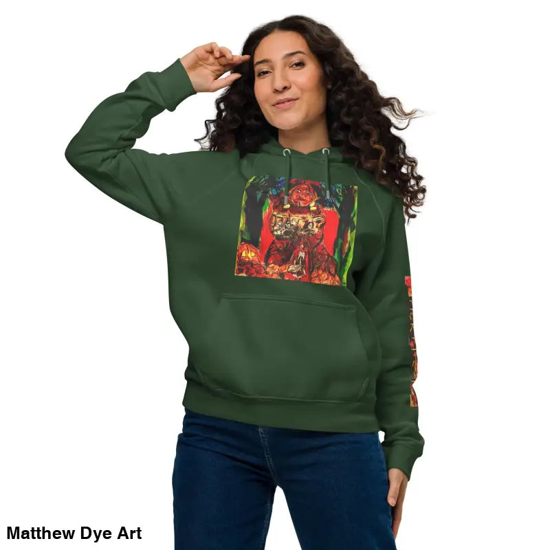 Green Trick ’r Treat Eco Raglan Hoodie featuring Matthew Dye art and vibrant Halloween designs