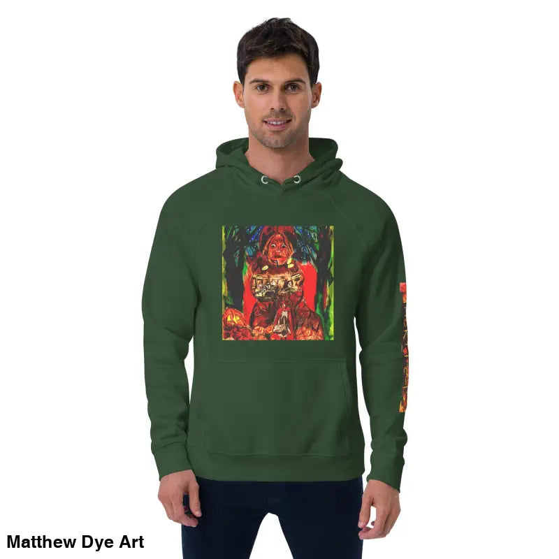 Green hoodie featuring Matthew Dye art with colorful Halloween designs for Trick ’r Treat