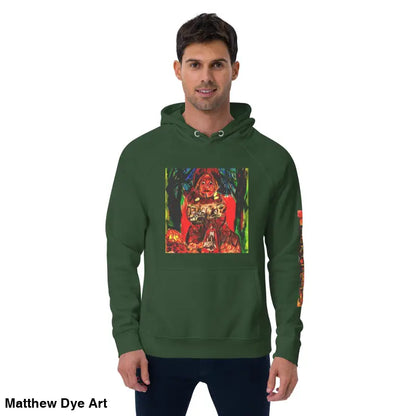 Green hoodie featuring Matthew Dye art with colorful Halloween designs for Trick ’r Treat