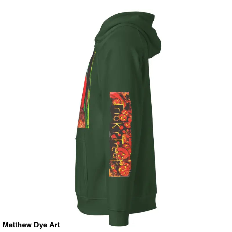 Green hoodie featuring Matthew Dye art with colorful graphics for Halloween designs