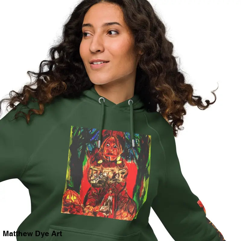 Green hoodie featuring Matthew Dye art with colorful Trick ’r Treat Halloween designs