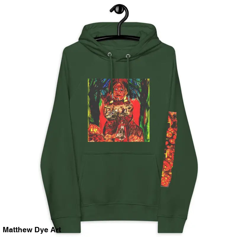 Green Trick ’r Treat Eco Raglan Hoodie featuring Matthew Dye art and Halloween designs