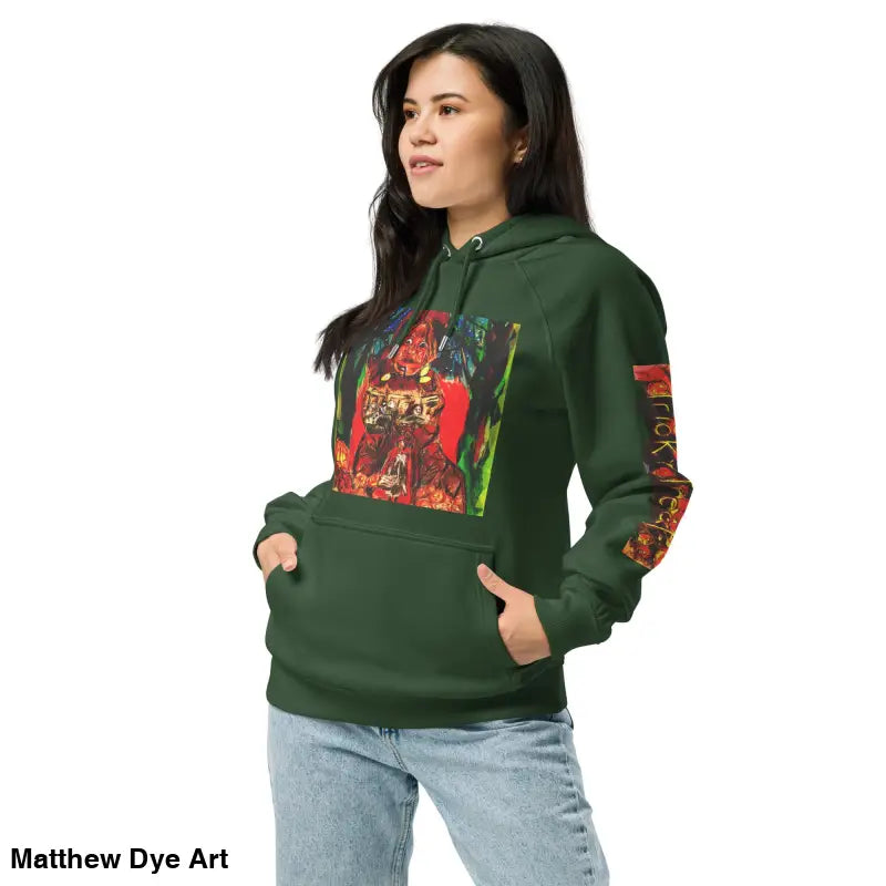 Green hoodie featuring colorful Matthew Dye art for Trick ’r Treat Halloween designs