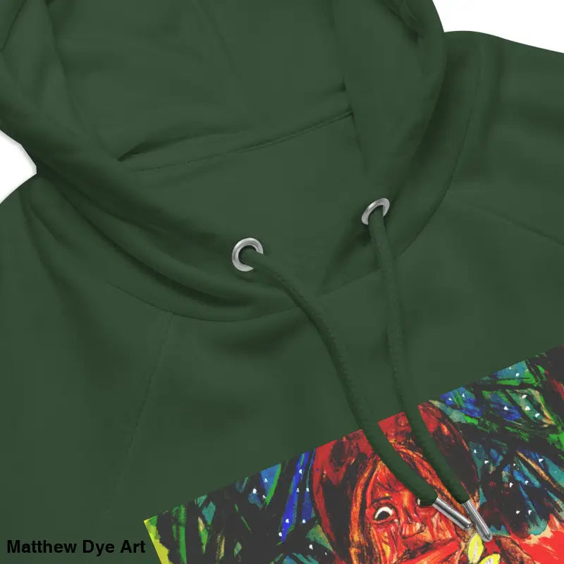 Green hooded sweatshirt featuring Matthew Dye art in Trick ’r Treat Halloween designs