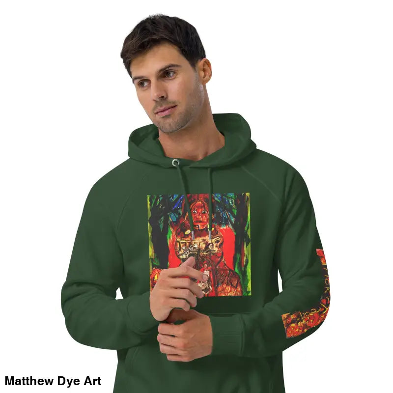 Green hoodie featuring Matthew Dye art in a vibrant Halloween design, Trick ’r Treat theme