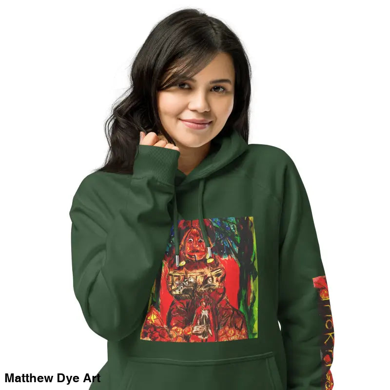 Green hoodie featuring Matthew Dye art with colorful Halloween designs for Trick ’r Treat