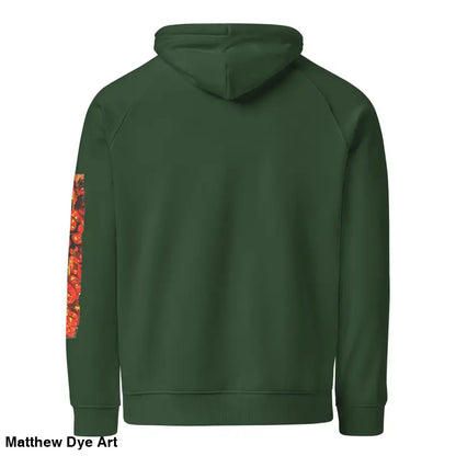 Green hoodie with floral sleeves featuring Matthew Dye art for Halloween designs