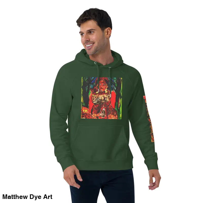 Green hoodie featuring Matthew Dye art with colorful Halloween designs for Trick ’r Treat