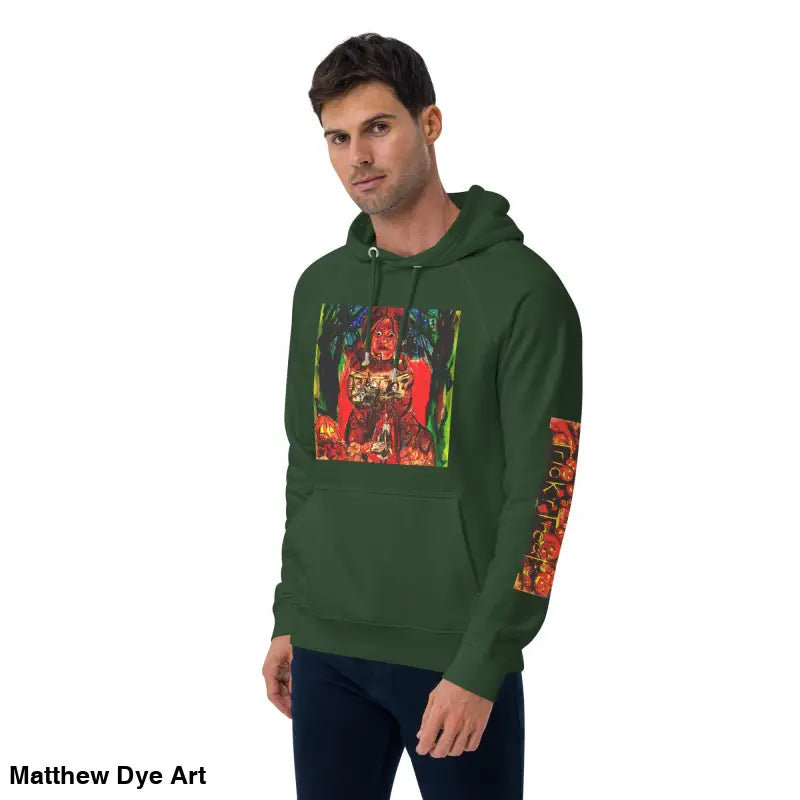 Green hoodie featuring vibrant Matthew Dye art for Trick ’r Treat Halloween designs