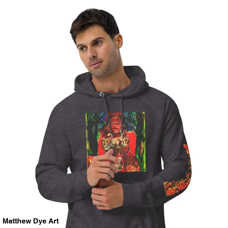 Heather gray hoodie featuring Matthew Dye art in colorful Trick ’r Treat Halloween designs