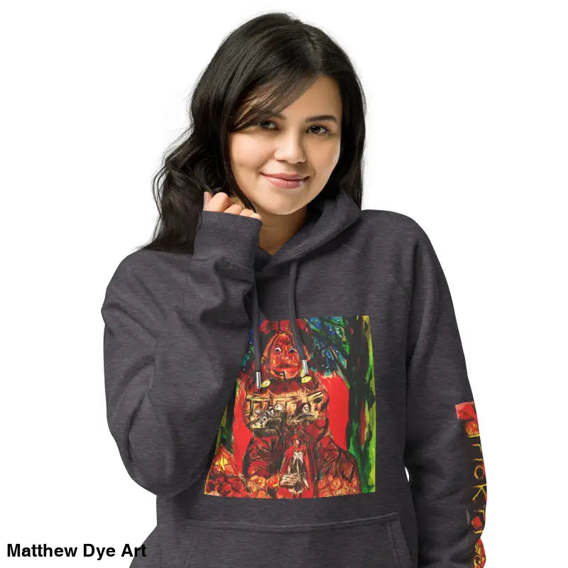 Heather gray hoodie featuring Matthew Dye art in Trick ’r Treat Halloween designs