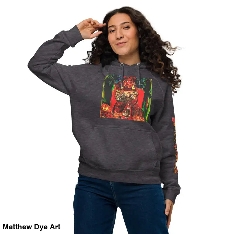 Heather gray hoodie featuring colorful Matthew Dye art from Trick ’r Treat Halloween designs