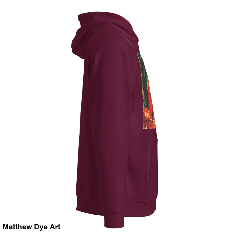 Maroon Trick ’r Treat Eco Raglan Hoodie featuring colorful Matthew Dye art for Halloween designs
