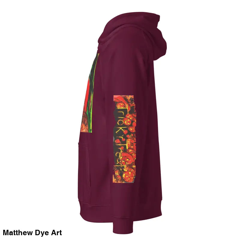 Maroon hoodie featuring Matthew Dye art with Halloween designs for Trick ’r Treat