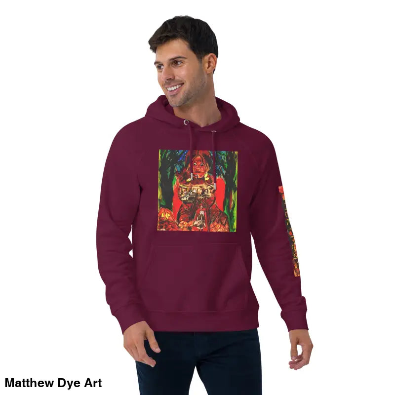 Maroon hoodie featuring colorful Matthew Dye art from Trick r Treat Halloween designs