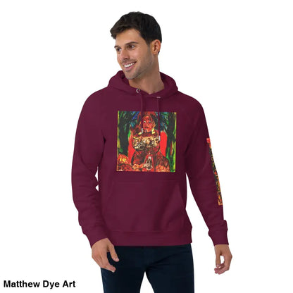 Maroon hoodie featuring colorful Matthew Dye art from Trick r Treat Halloween designs
