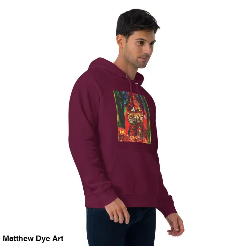 Maroon hoodie featuring Matthew Dye art and colorful Halloween designs for Trick ’r Treat