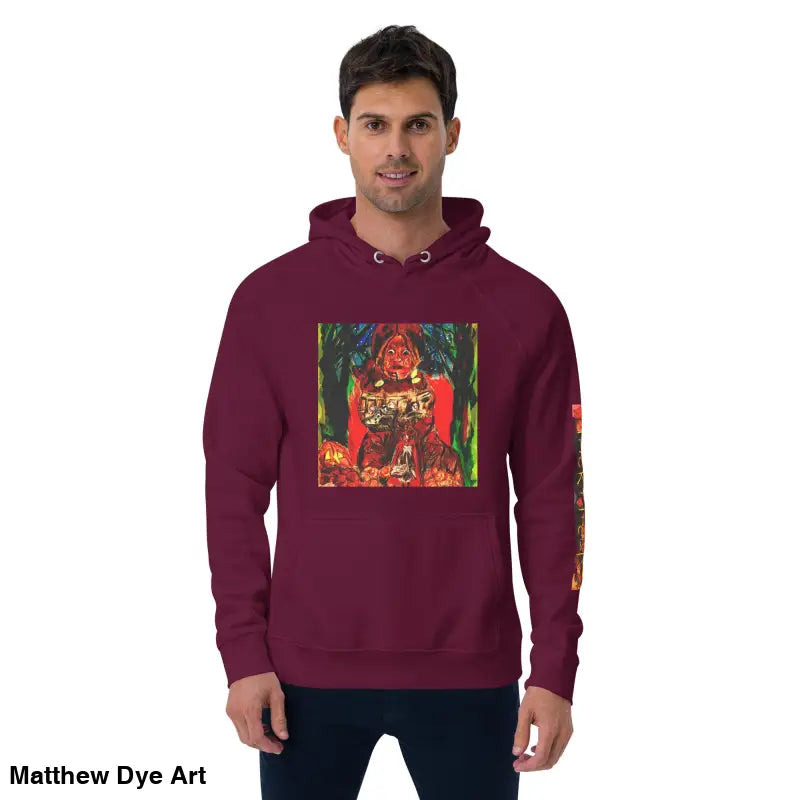 Maroon hoodie featuring Matthew Dye art with colorful Trick ’r Treat Halloween designs