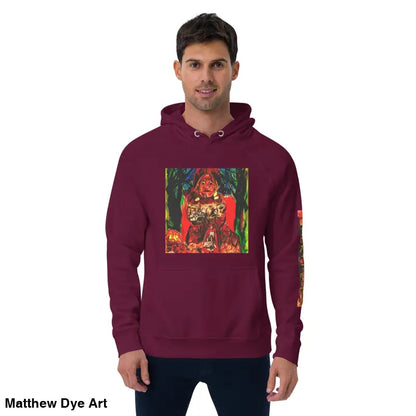 Maroon hoodie featuring Matthew Dye art with colorful Trick ’r Treat Halloween designs