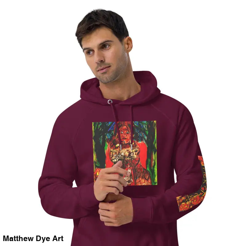 Maroon hoodie featuring Matthew Dye art and colorful Halloween designs for Trick ’r Treat