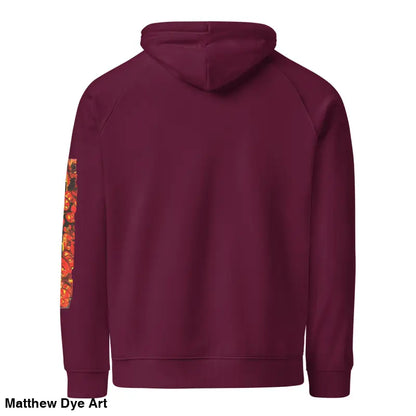 Maroon hoodie with floral sleeves featuring Matthew Dye art for Halloween designs