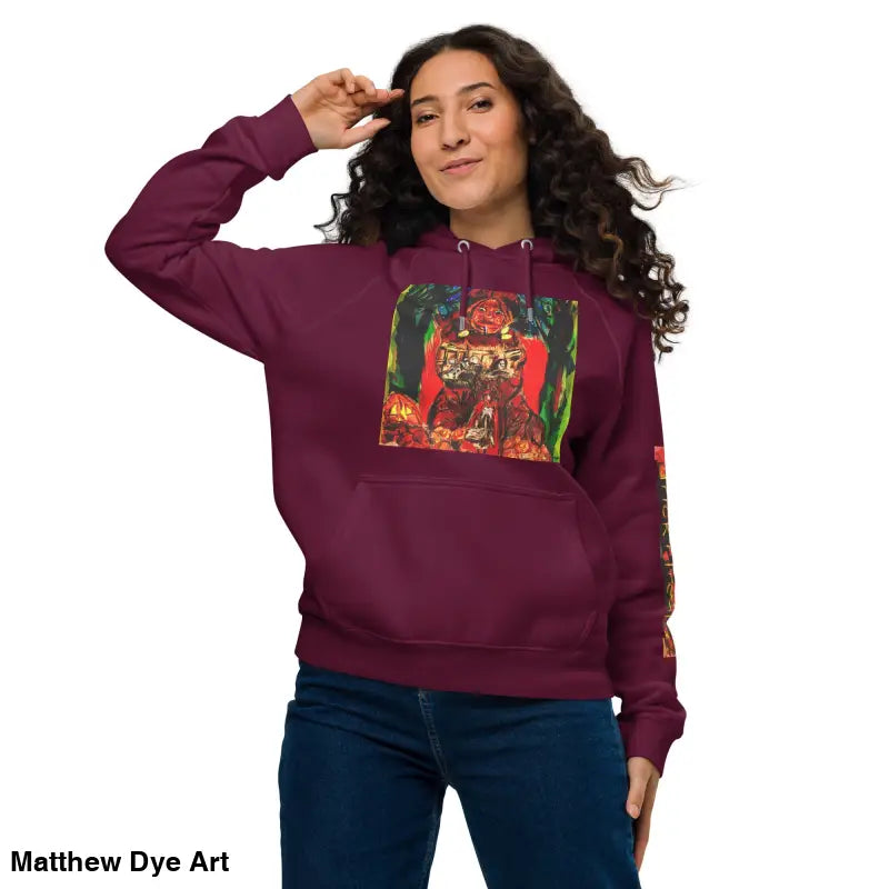 Maroon Trick ’r Treat Eco Raglan Hoodie featuring Matthew Dye art and Halloween designs