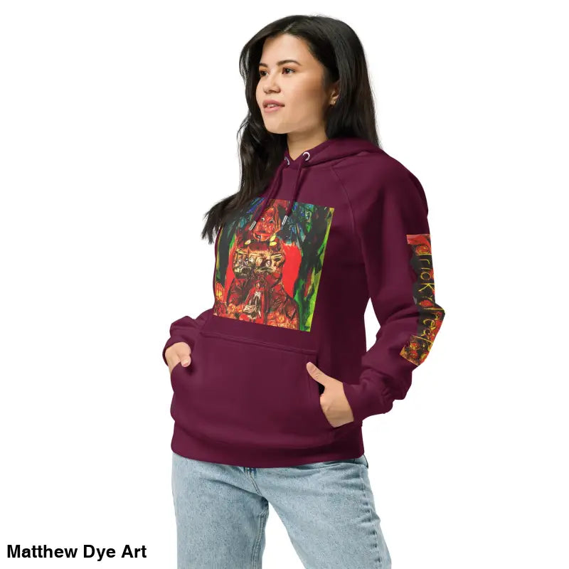 Maroon Trick r Treat Eco Raglan Hoodie featuring Matthew Dye art and Halloween designs