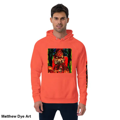 Orange hoodie featuring Matthew Dye art in vibrant Halloween designs for Trick r Treat