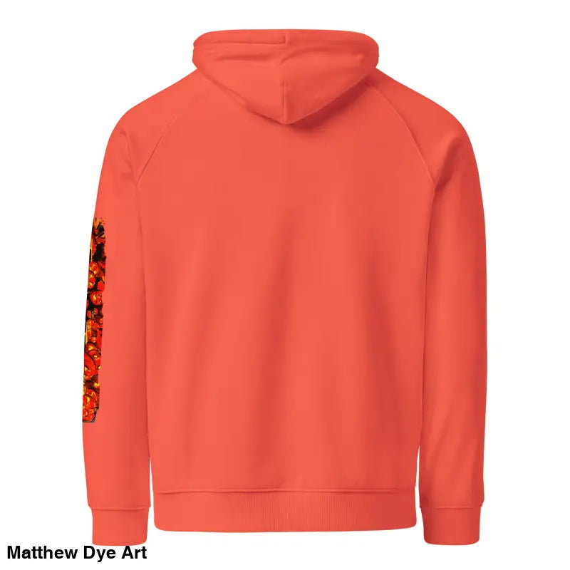 Orange hoodie featuring Matthew Dye art floral sleeves, perfect for Trick ’r Treat Halloween designs