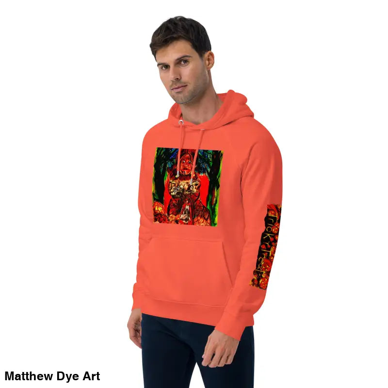 Orange hoodie featuring Matthew Dye art with Halloween designs from Trick ’r Treat