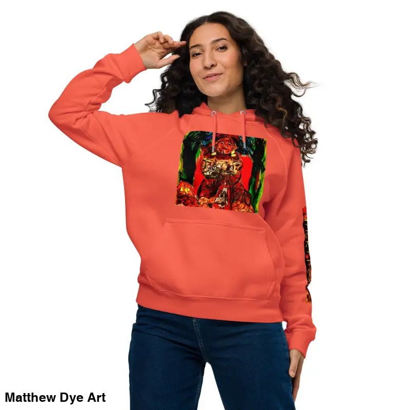 Woman in a coral hoodie from Trick r Treat Halloween designs by Matthew Dye Art