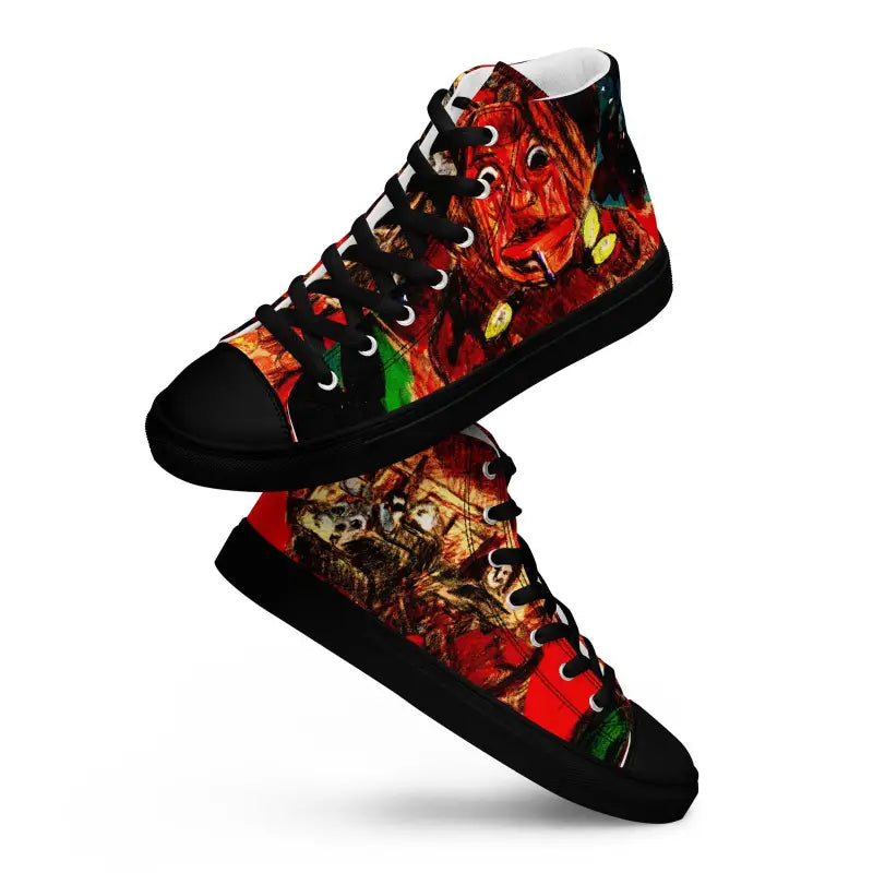 High-top canvas shoes with fiery flame artwork in Trick R Treat design on black canvas