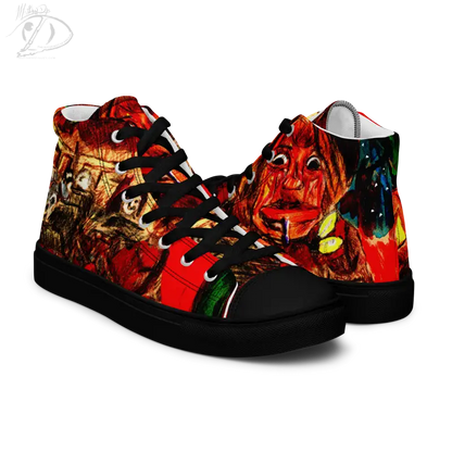 High-top canvas shoes featuring vibrant red horror artwork inspired by Trick R Treat