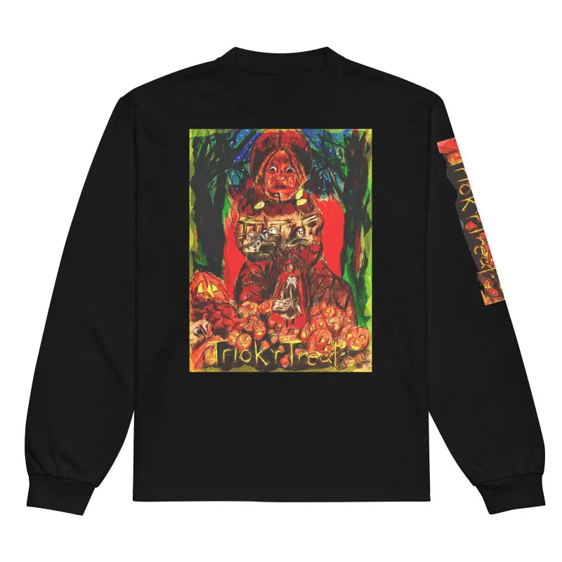 Black unisex long sleeve shirt featuring colorful graphic print, perfect for Trick r Treat Halloween