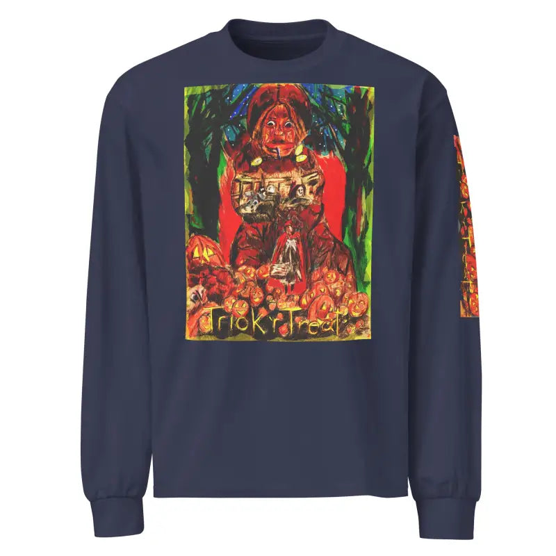 Navy unisex long sleeve shirt featuring Trick R Treat Halloween graphic design