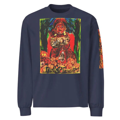 Navy unisex long sleeve shirt featuring Trick R Treat Halloween graphic design