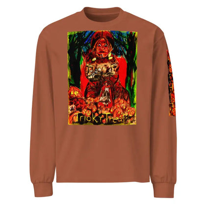 Brown unisex long sleeve shirt featuring Trick R Treat graphic for Halloween festivities